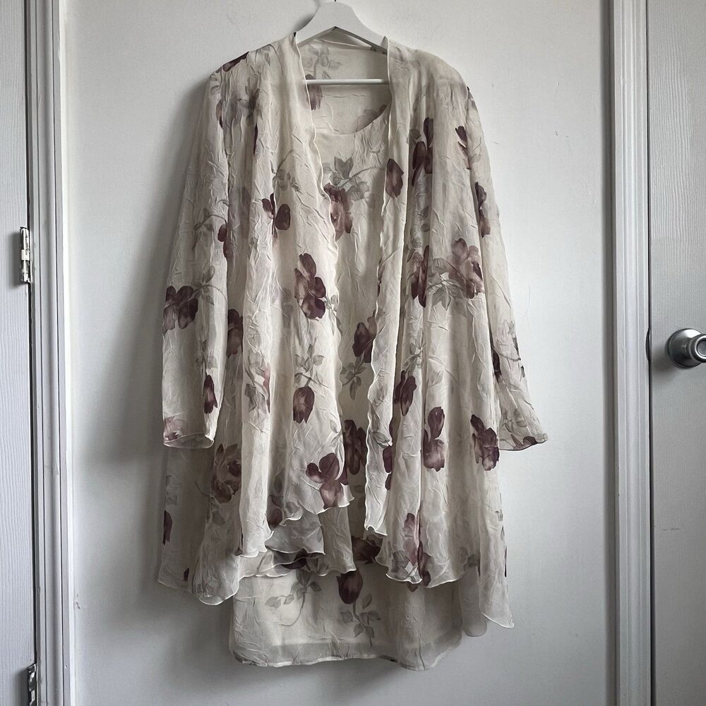Vtg Jeffrey & Dara Translucent White Floral Open Jacket & Dress Set Sz 8 fairy w